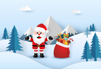Origami paper art of Santa Claus with Christmas gifts bag in the forest, Merry Christmas and Happy New Year
