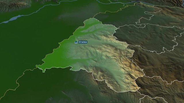 Bihor - county of Romania with its capital zoomed on the physical map of the globe. Animation 3D