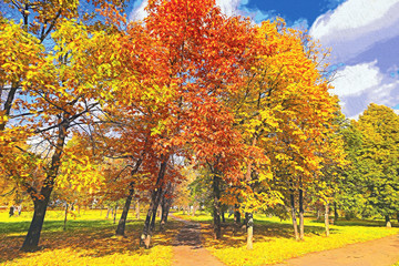 Fototapeta na wymiar Oil painting of autumn trees with a path.