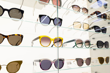 Cat eye, classic lense sunglasses, square shape sunglasses, aviator, angle view at white...