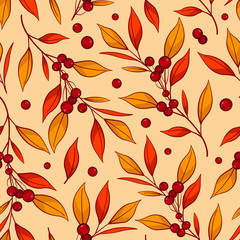 Floral seamless pattern with autumn branches and berries. Autumn background for fabric, wallpaper, textile, web design. - 294853470