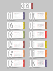 Vector calendar 2020 year. Week starts from Sunday