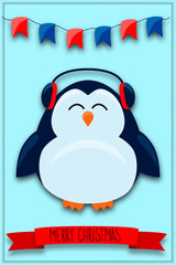 Christmas and New Year greeting card with a picture of a cute penguin with Christmas accessories. Colorful Christmas illustration of a funny penguin character for poster, greeting card,  wrapping