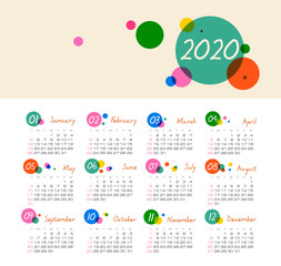 Vector calendar 2020 year. Week starts from Sunday