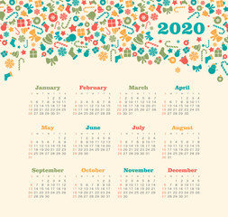 Fototapeta na wymiar Vector calendar 2020 year. Week starts from Sunday