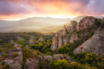 The amazing  Belogradchik rocks at sunset.  Beautiful landscape with bizarre rock formations....