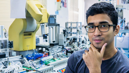 A young Malay engineering student with spectacles working in the lab and thinking by holding chin.