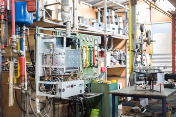 Internal view of the gas heater boiler in workshop. Manufacture and maintenance concept.