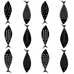 Pattern of hand drawn doodle fishes for kids design. Scandinavian outline style. Vector isolated illustration  in black.