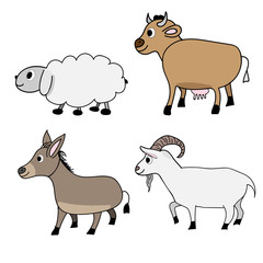 farm animal set. Cow, sheep ,donkey and goat cartoon illustration.