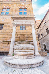 Fototapeta na wymiar Pienza, Tuscany, one of the 'most beautiful villages in Italy', a prestigious tourist quality brand. Cathedral Square