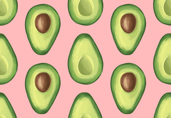 Vector seamless pattern with avocado. Tropical background with exotic fruit.