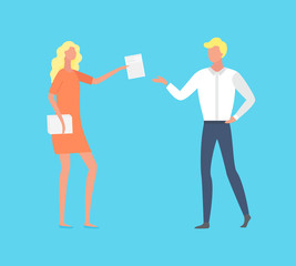 People working together, man and woman with documentation. Employer giving tasks to employee, male advisor and secretary of female boss job. Vector illustration in flat cartoon style
