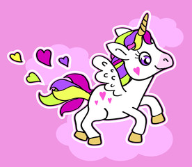 Cute unicorn runs through the clouds on a pink background. Vector illustration. 