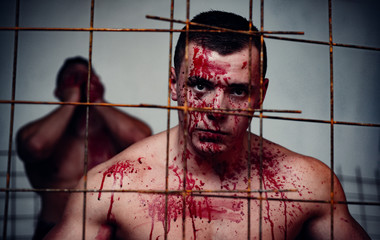 Prison for monster. Psycho mad man. Murderer mythical creature. Halloween concept. Scary monster...