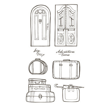 Set of old vintage suitcases and doors. Vector illustration on a white background