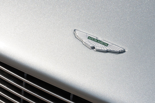 Aston Martin vehicle badge on a classic sports car in Dunsfold, UK on August 26, 2017