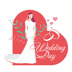 Girl stands in a wedding dress. Wedding card. Vector Illustration.