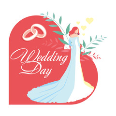 Girl with a bouquet in her hands in a wedding dress. Wedding card. Vector Illustration.
