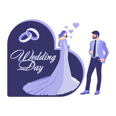 A girl in a wedding dress and a man in a suit stand and look at each other. Wedding card. Vector Illustration.