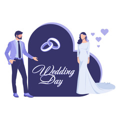 A girl in a wedding dress and a man in a suit stand and look at each other. Wedding card. Vector Illustration.