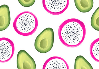 Vector seamless pattern with avocado and dragon fruit. Tropical background with exotic fruits.