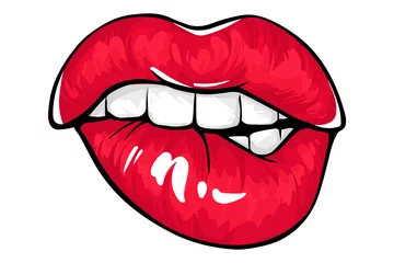 Fotobehang Sexy lips, bite one's lip. Lips Biting. Female lips with fuchsia lipstick. © yana2607