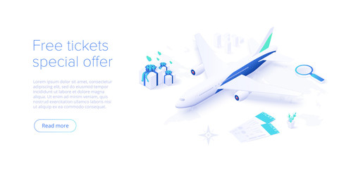 Travelling by air concept in isometric vector illustration. Around the world flight tour or trip. Cheap airline tickets searching and booking service Website layout or web banner template.