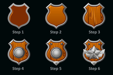 Vector Shield icons. Step-by-step drawing of wooden military protective shield. Objects on a separate layer.