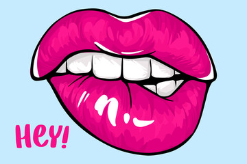 Sexy lips, bite one's lip. Lips Biting. Female lips with fuchsia lipstick.