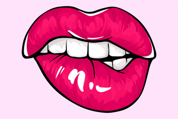 Sexy lips, bite one's lip. Lips Biting. Female lips with fuchsia lipstick. - 294859403