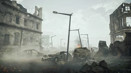 Fotobehang Ruïnes van een stad. Apocalyptisch landschap na de apocalyps © appledesign