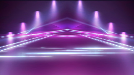 Empty stage background in purple color, spotlights, neon rays. Abstract background of neon lines and rays. Abstract background with lines and glow. Empty stage the reflection of neon lights