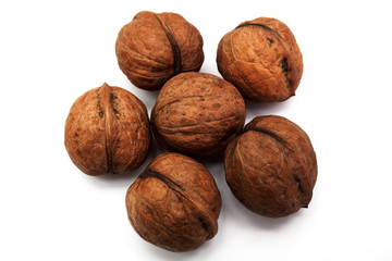 Six walnuts on a white background, close-up