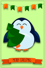 Christmas and New Year greeting card with a picture of a cute penguin with Christmas accessories. Colorful illustration of a funny penguin character for poster, greeting card, banner, wrapping