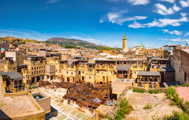 Fes, Morocco. Old town panorama,tanneries and tanks with color paint for leather. Morocco Africa - obrazy, fototapety, plakaty