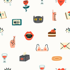 Various love, romance icons. Cute hand drawn trendy vector illustrations. Cartoon style. Flat design. Naive art. Colored seamless pattern