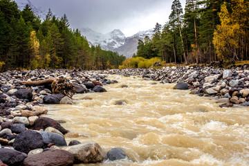 dirty mountain river after rain