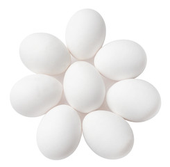 Several chicken eggs isolated on a white background.Top view. Clipping path.