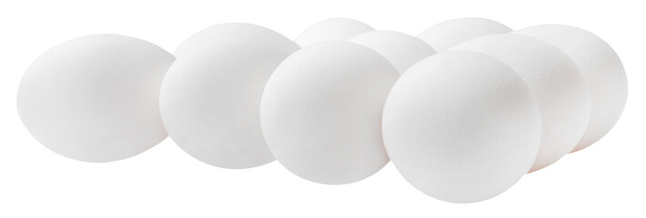 Several chicken eggs isolated on a white background. Side view. Clipping path.