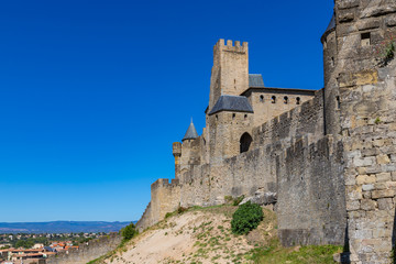 Fototapeta na wymiar The medieval fortress and walled city of Carcassone in southwest France. Founded by the Visigoths in the 5th century, it was restored in 1853 and is now a UNESCO World Heritage Site