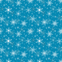 Winter Holiday Christmas and New Year. Snowflakes Vector Seamless Pattern.  Snowfall White Blue Background. Snow Print Wallpaper