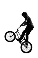 Silhouette mit Bmxrad und Junge. Fahrradparcours für Bmxradsport, ein Junge trainiert seine...