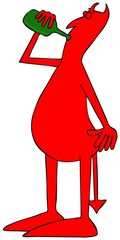 Red devil drinking from a wine bottle