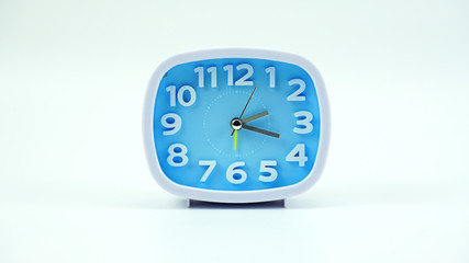 Blue Alarm clock on white background, Copy space for your text, Time concept..