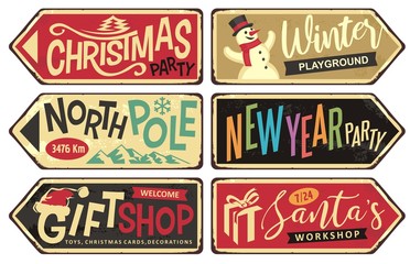 Collection of holiday Christmas sign posts. Christmas party,winter playground, north pole, New year party, gift shop and Santa's workshop. Seasonal vector illustrations set.