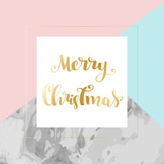 Merry christmas holiday lettering text card with gold details on marble modern luxury background