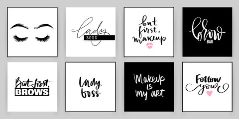 Set with fashion cards with inspiration quote about girls, lashes, makeup.