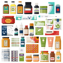 Set of isolated pharmacy items or medicine drugs,