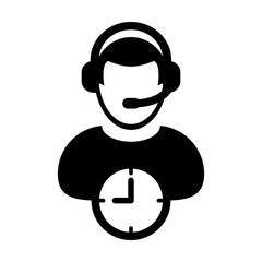 Customer service icon vector clock symbol and male business support person profile avatar with headphone for online assistant in glyph pictogram illustration